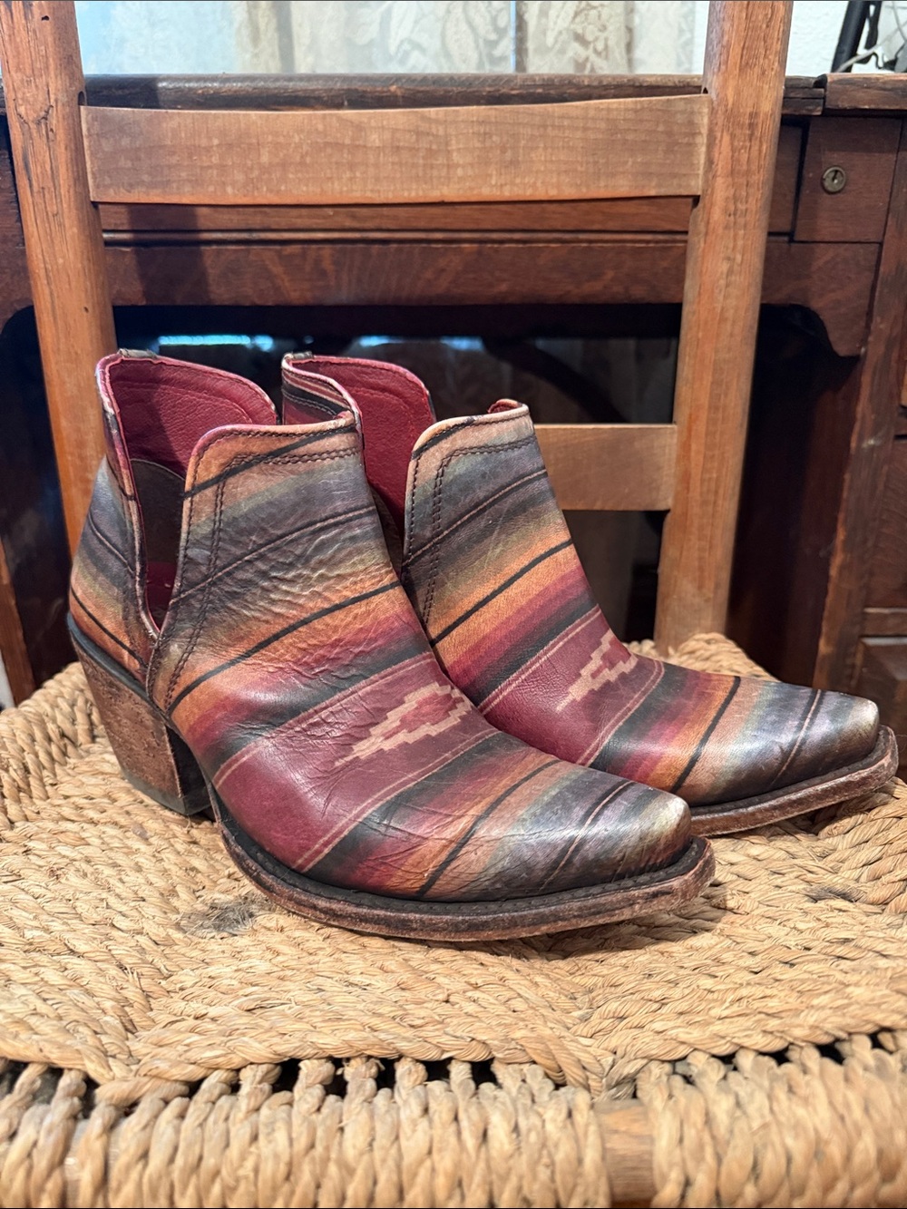 Ariat Striped Leather Ankle Boots in Burgundy, Brown, and Tan